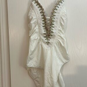 White V-Neck Swimsuit with Green Embroidery